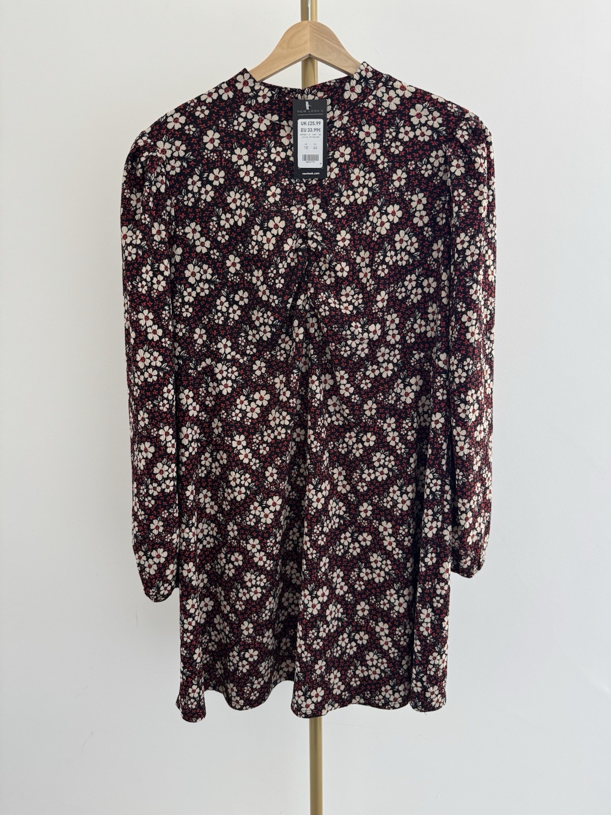 New Look Floral Mini Dress UK 18 Black Red Cream Long Sleeve Keyhole Open Back