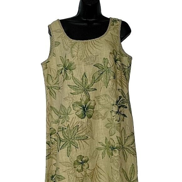 Jessica Howard L Linen Tropical Floral Maxi Dress Green Tan Sleeveless travel