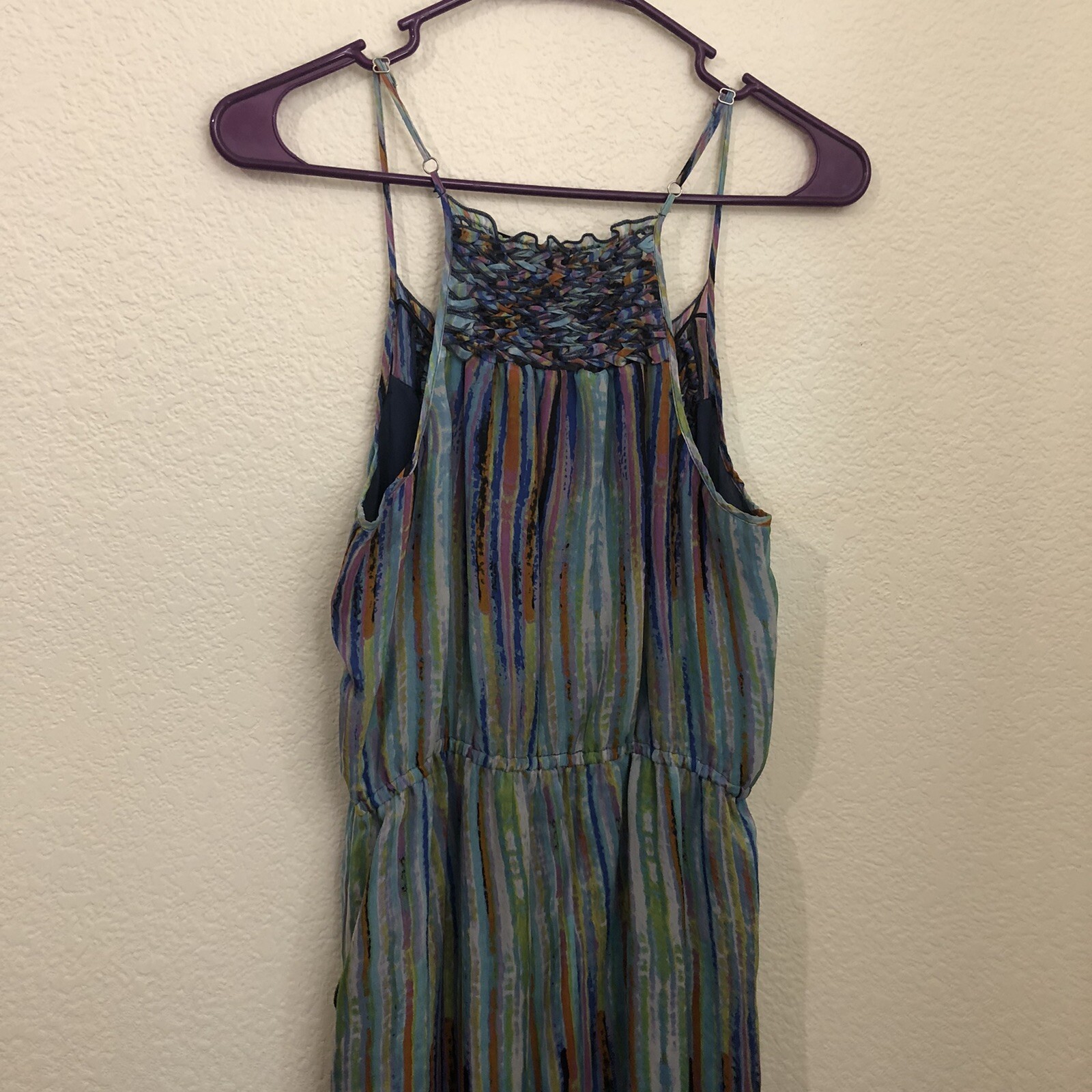 Presley Skye Small Long Maxi Dress Braided Spaghetti Strap Pockets Watercolor
