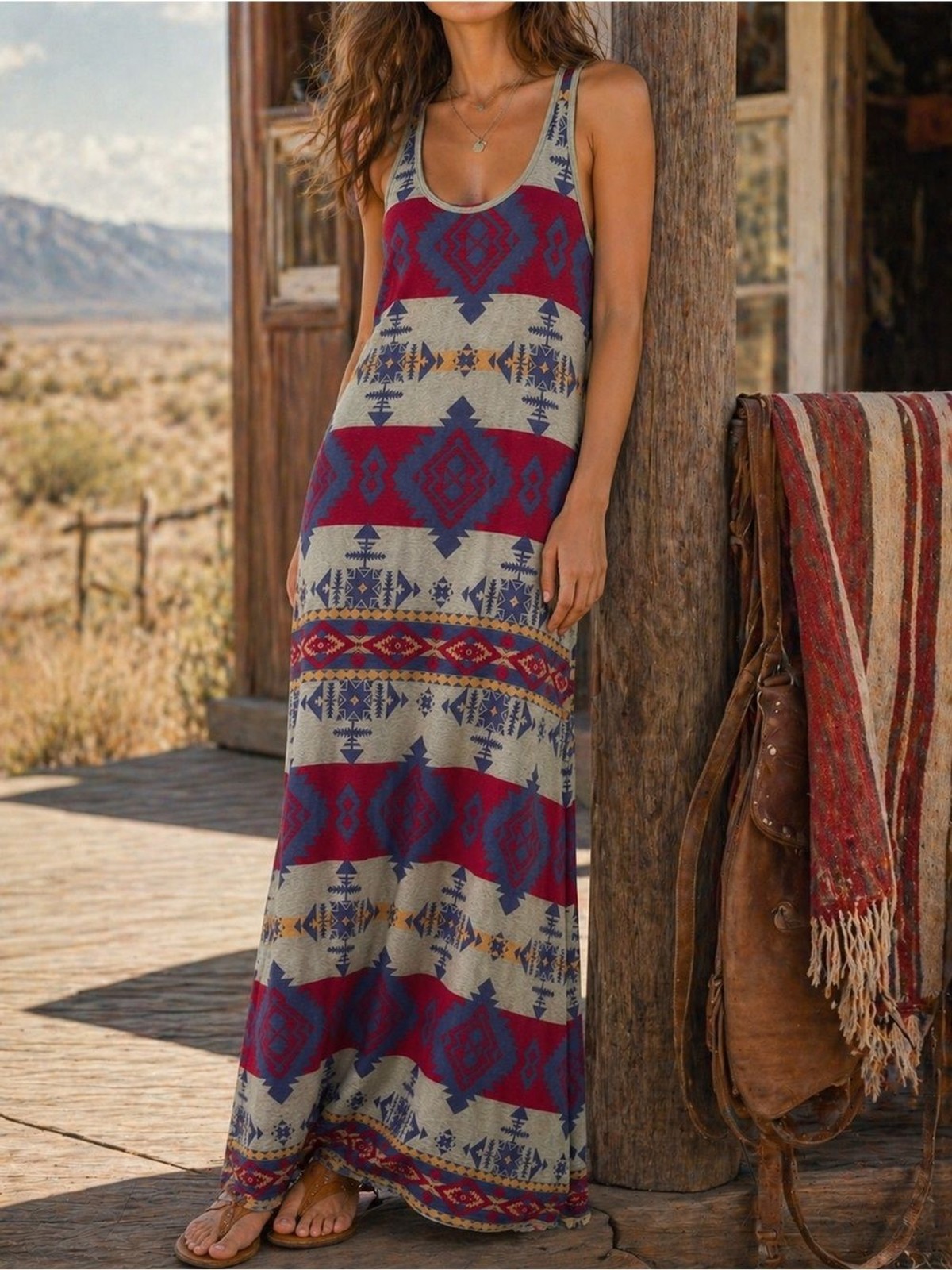 Vintage Ralph Lauren Denim & Supply Tribal Aztec Maxi Tank Dress Boho Size Large