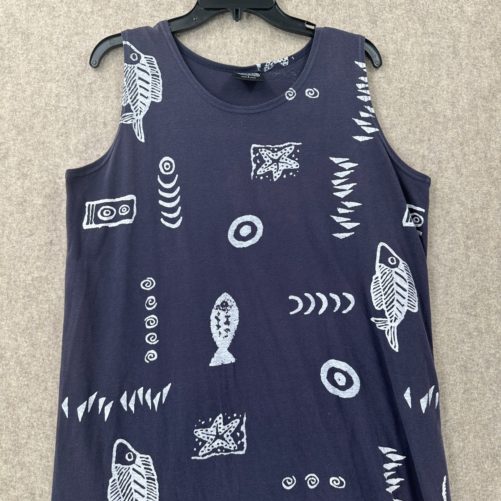 EXIST Beach Fish Bones Graphic Print Sleeveless T-Shirt/Tank Midi Dress L Cotton