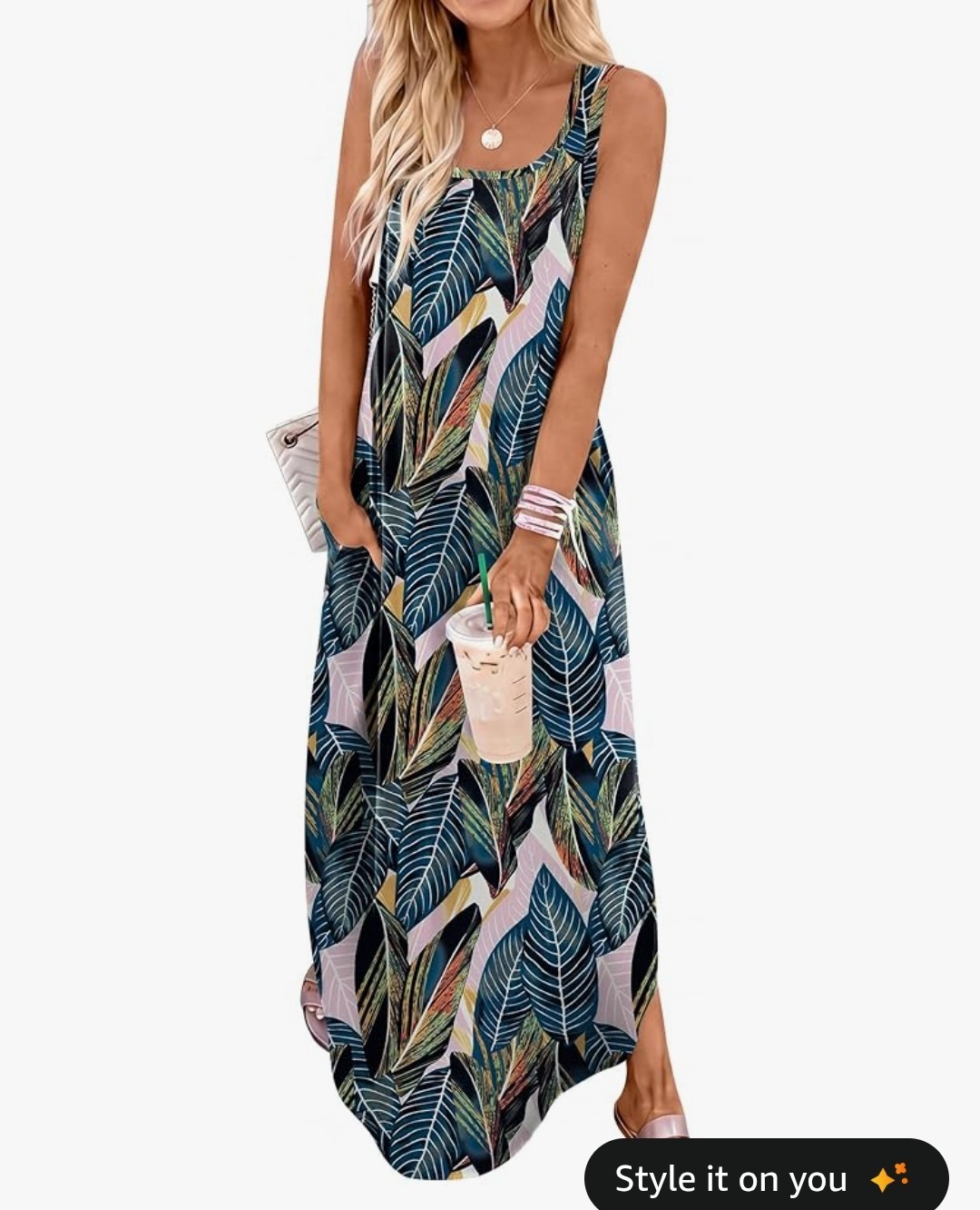 ANRABESS Casual Leaf Print Sundress w/ Pocket, Loose Fit