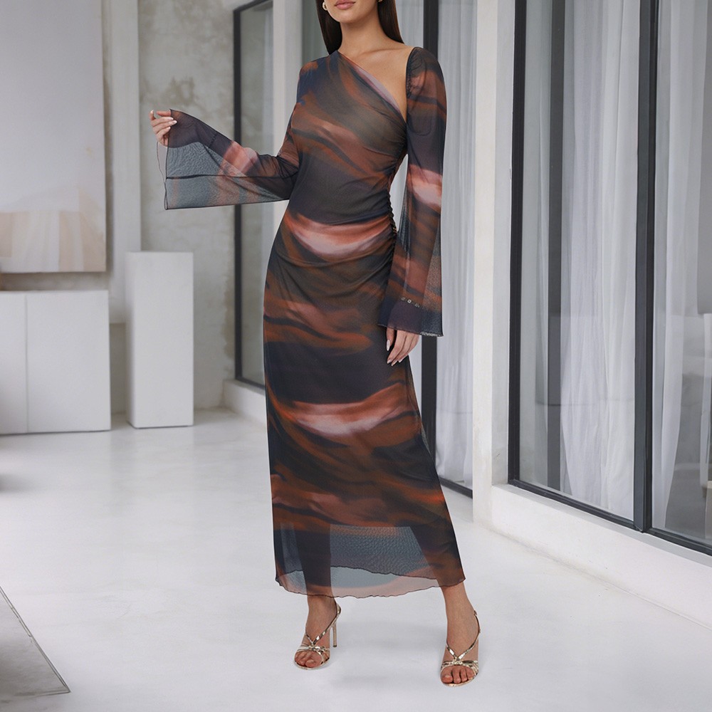 Women’s Cold Shoulder Sleeve Long Sleeve Ankle-Length Mesh Dress Party Dresses