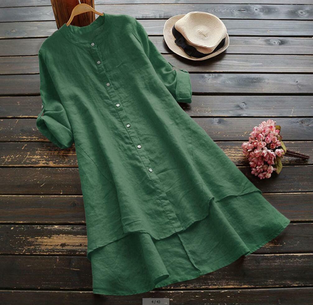 Womens Summer Loose Comfortable Long Skirt Cotton and Hemp Long-Sleeved Dress