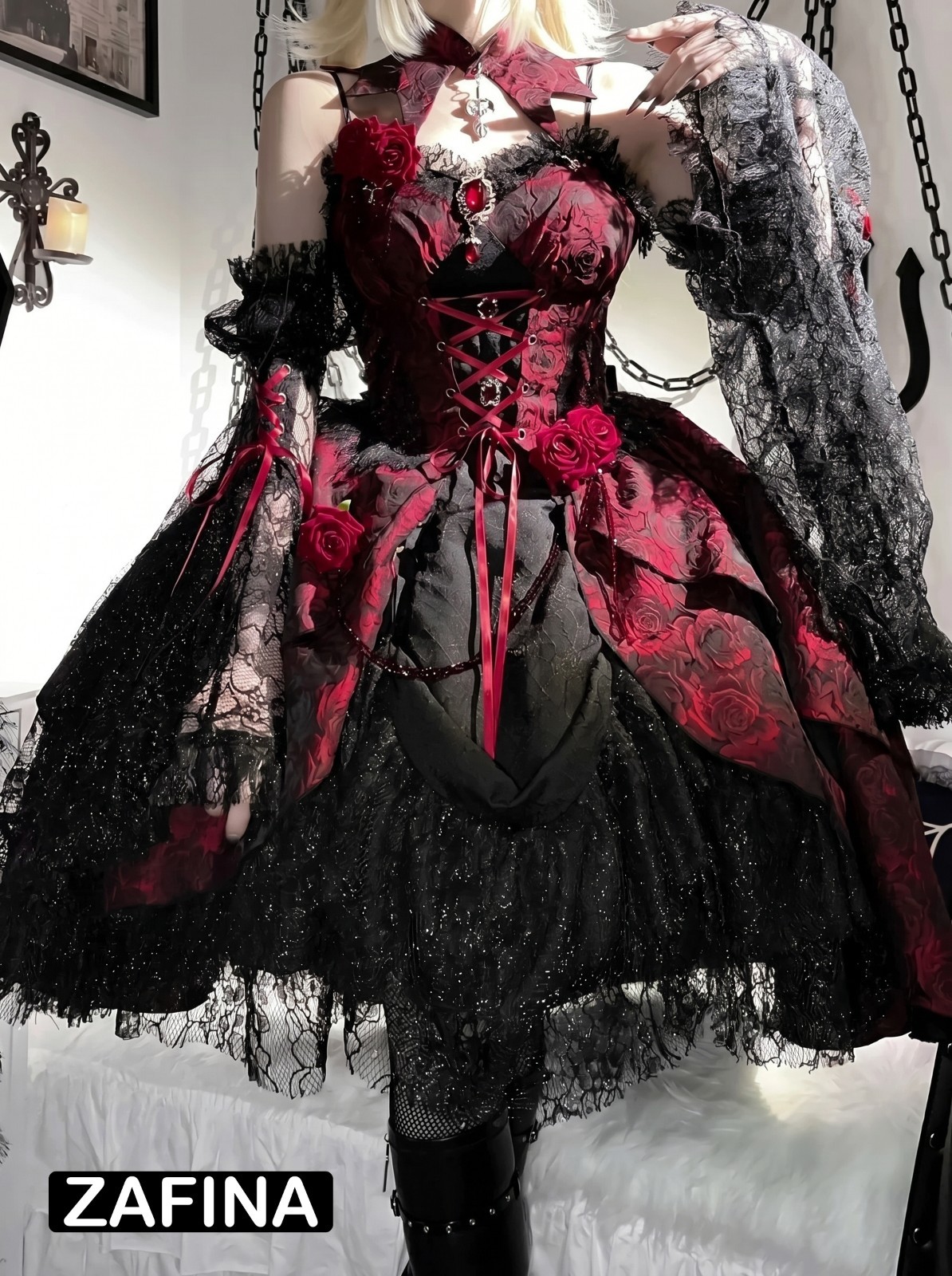 Rose Gothic JSK Lolita Dress Black Red Jacquard Extended Sleeve Dress