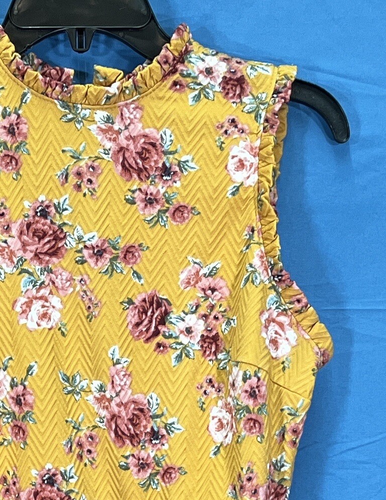 Nwt XHILARATION Yellow Gold FLORAL Textured Knit RUFFLED Zip-Back SKATER DRESS S