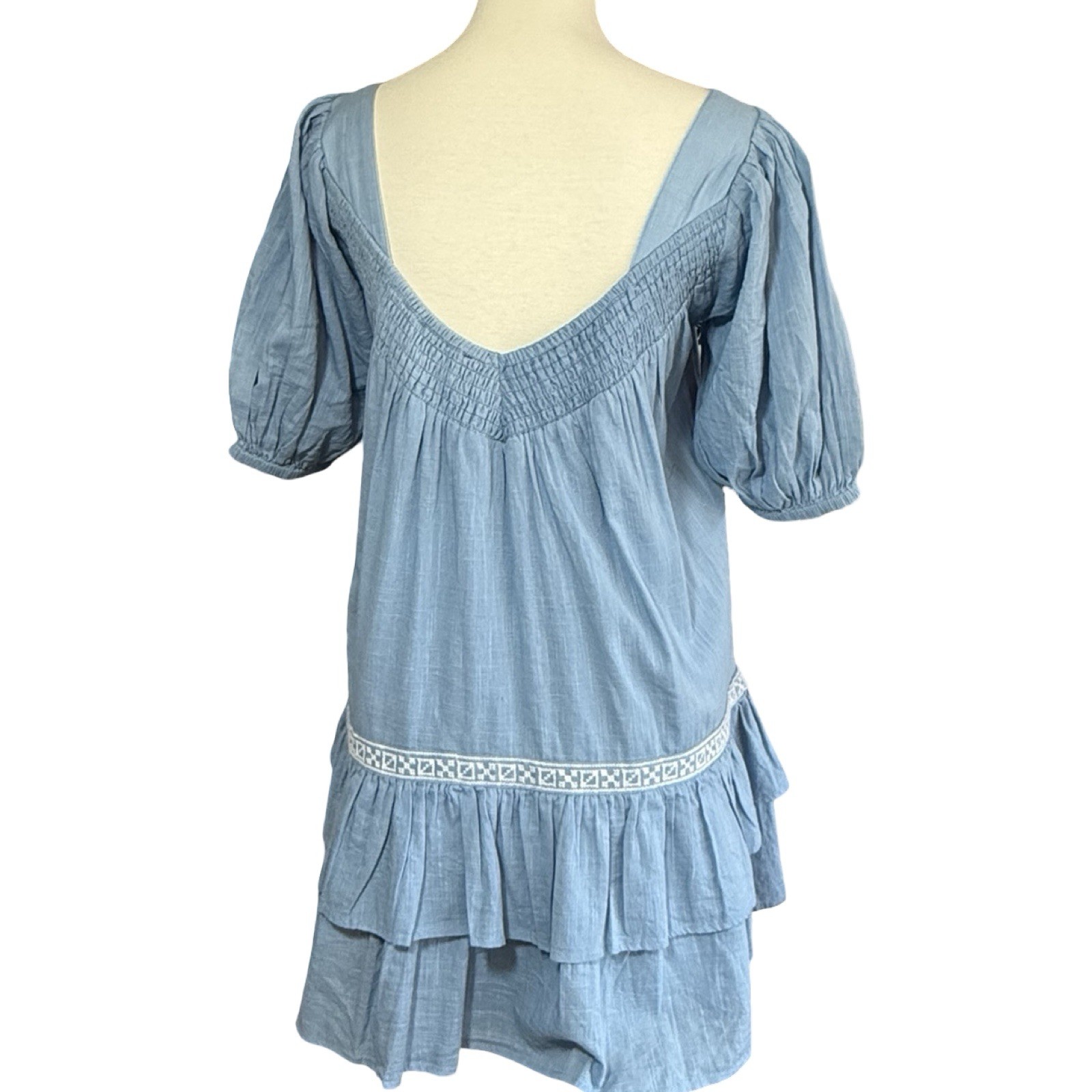 NWT $178 Shore Square Neck Embroidered Babydoll Dress Size XS Blue