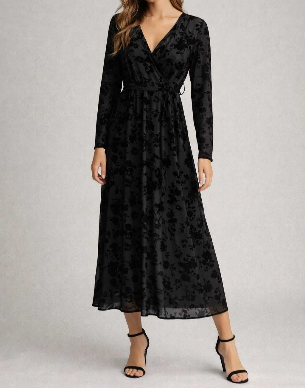 Dazy Dress Large Black Corduroy Velvet Floral Midi Sheer Long Sleeve Lined Belt