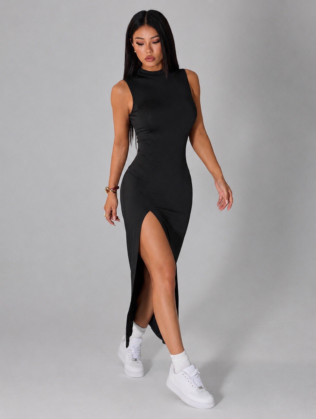 Women’s Black Solid High Neck Sleeveless Bodycon Maxi Dress Long Side Slit S
