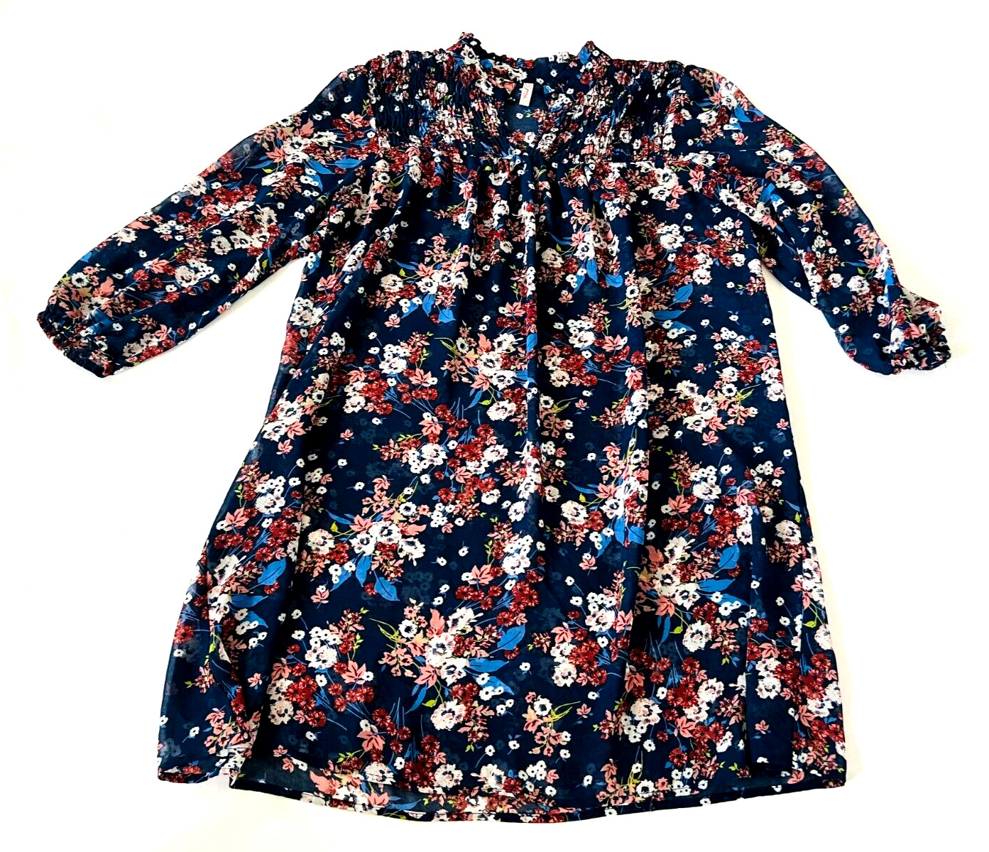 Red Camel Womens Top Large Multicolor Floral Pleated Button Loop Ruffle Trim