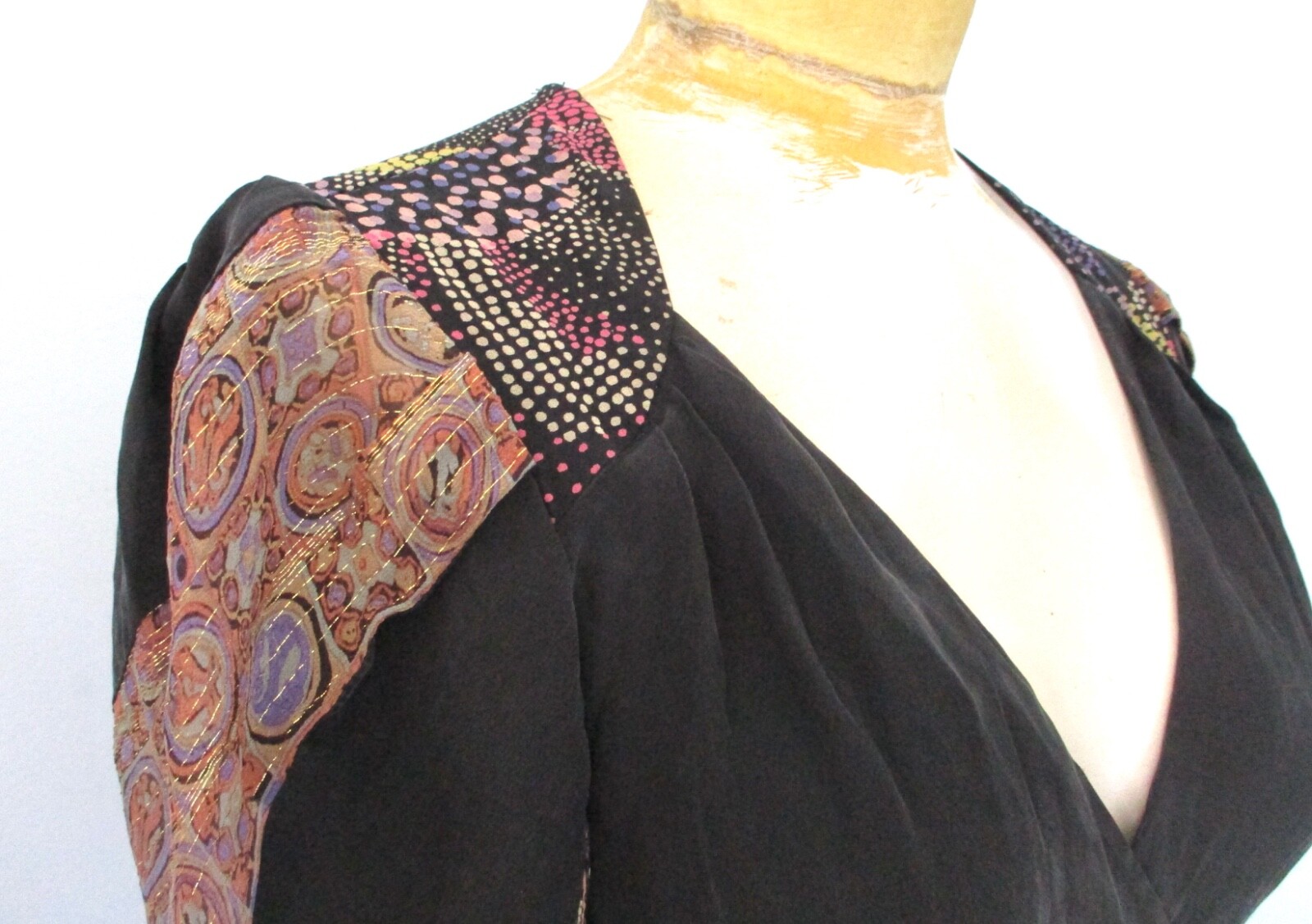 Nanette Lepore Black Pink Sparkly Gold Paisley True Wrap Boho Dress Sheer Back 4