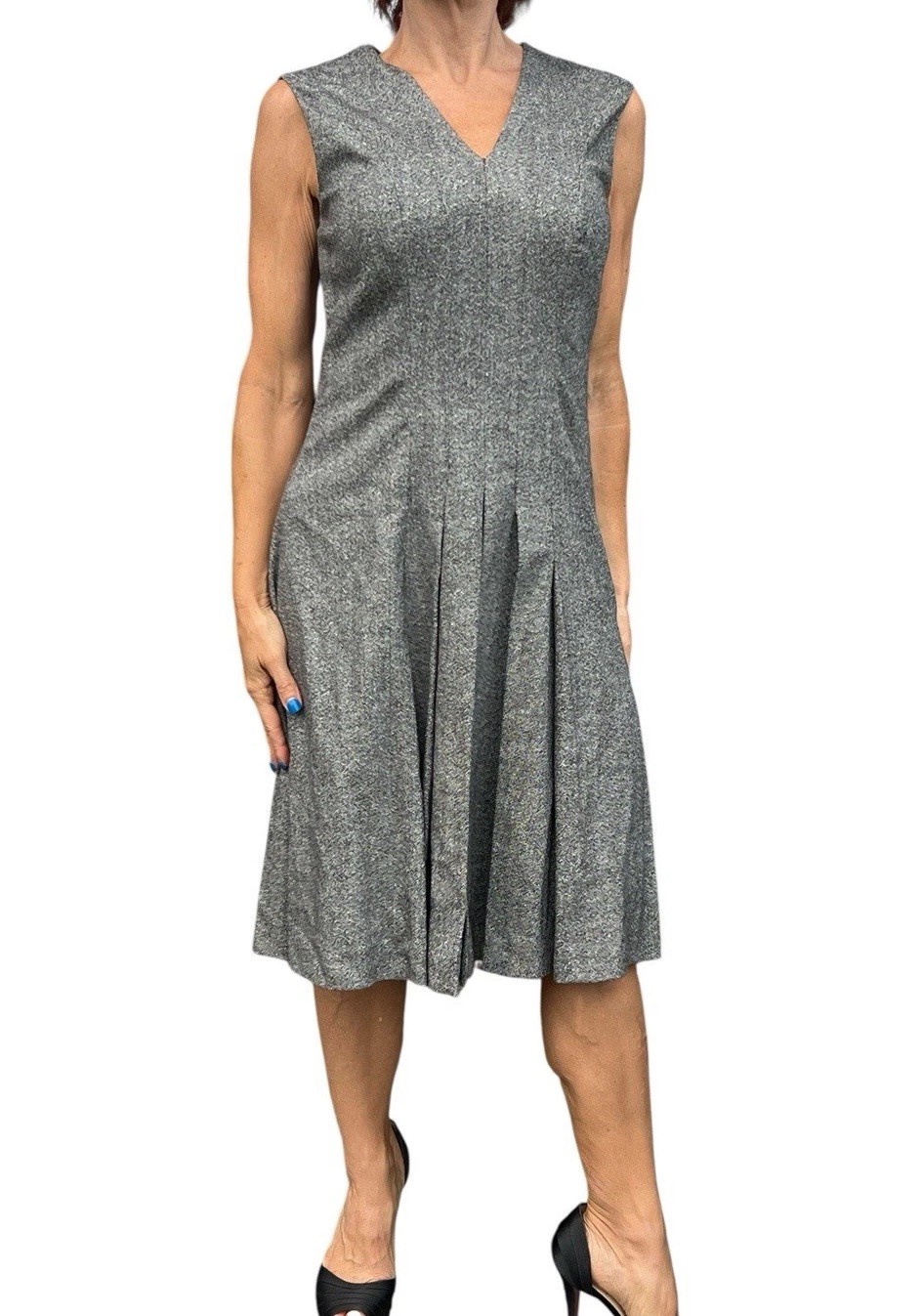 Carolina Herrera Italy Virgin Wool Tweed Dress Sleeveless Pleated VNeck A Line 8