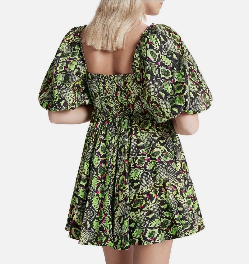 AJE Serpentine Corset Mini Dress Size 12 Green Snake Python Print Puff Sleeve