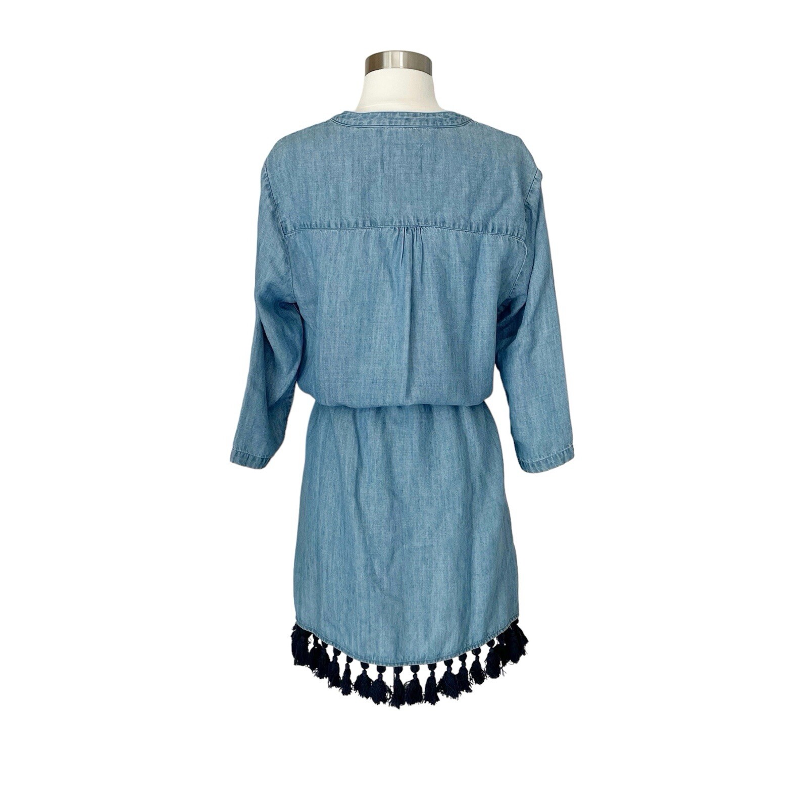 Rails Dress S Blue Chambray Denim Tassel Fringe Trim Tunic Shift V-neck Cinch