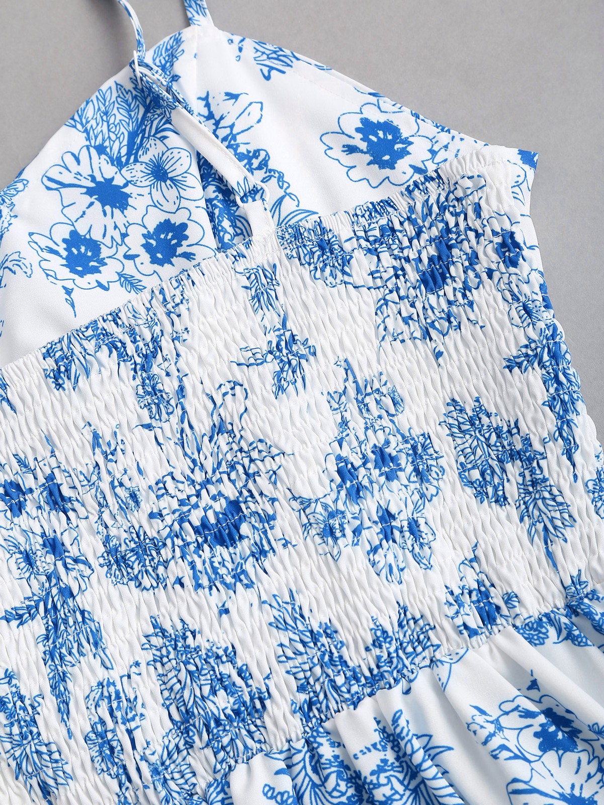 Blue white floral print spaghetti strap sweetheart neck high waisted puffy dress