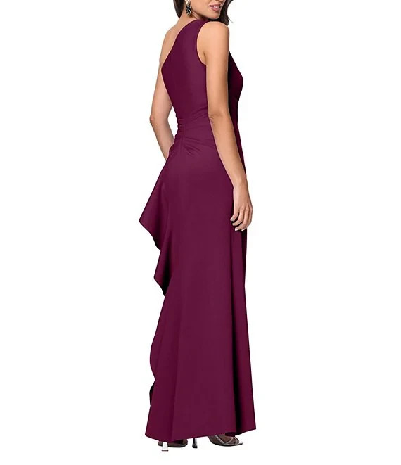 Xscape One Shoulder Side Ruffle Scuba Crepe Gown Raisin Color Size 4 $248