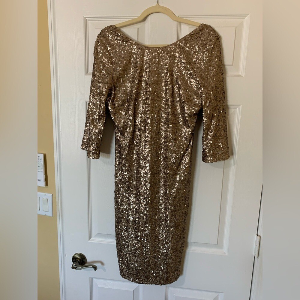 Badgley Mischka Gold Sequin Cuffed Sleeve Sheath Dress Sz L Formal Cocktail Gala