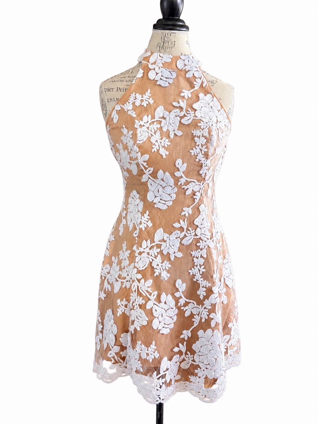 Dress the Population Floral Sequin Lace Illusion Halter Mini Dress Size S Bride