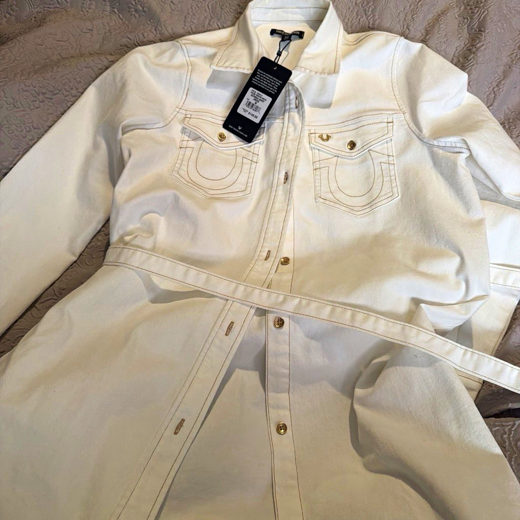 True Religion White Denim Shirt Dress Midi Long Sleeve Belted Pockets S