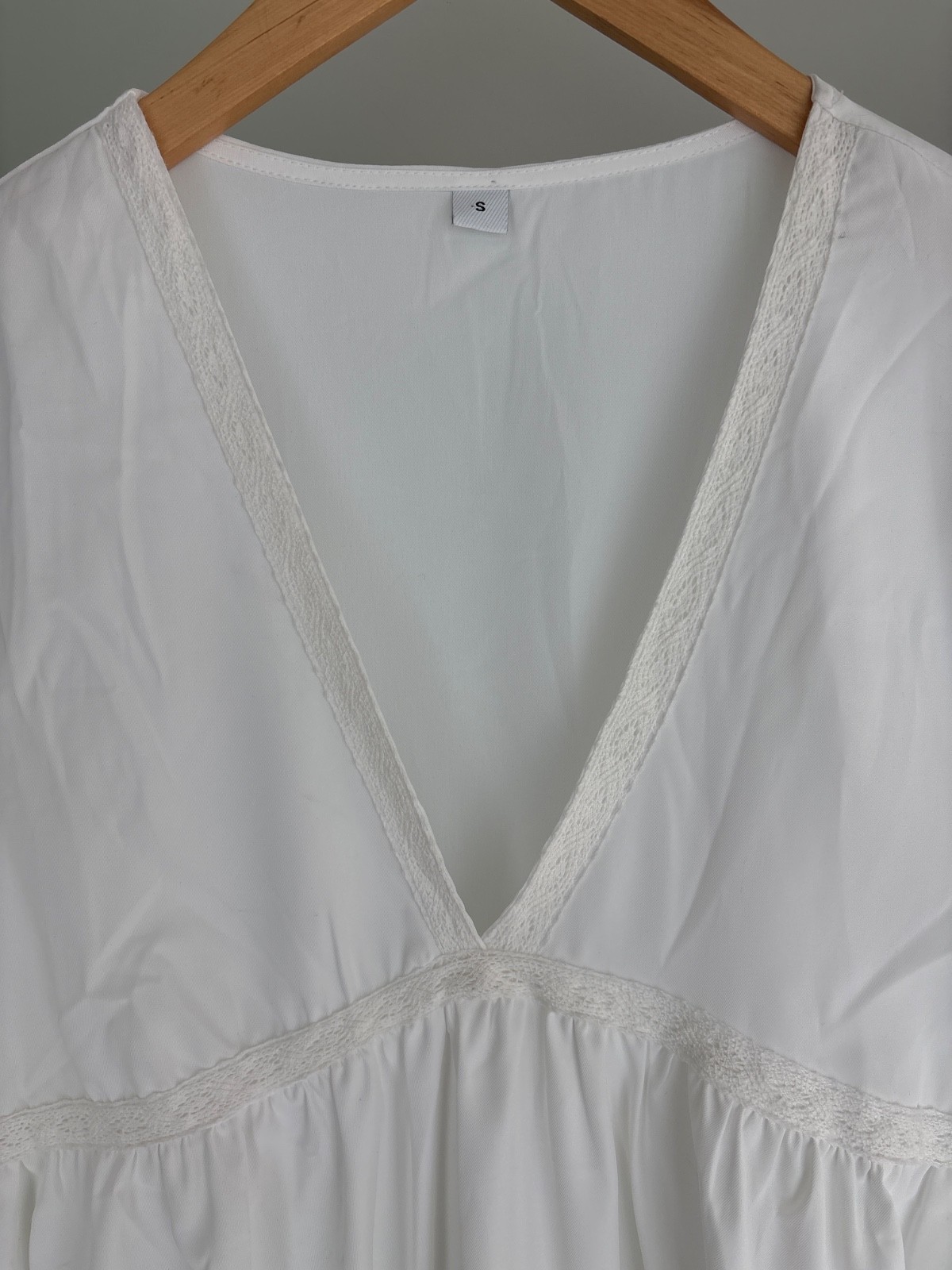 White Boho Lace Trim V-Neck Dress Small Lined Peasant Cottagecore