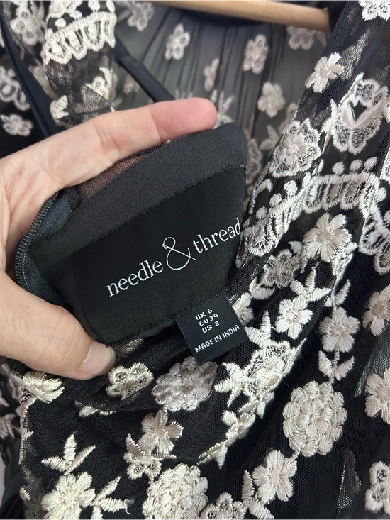 Needle & Thread Embroidered Tulle Midi Dress Black Cream Floral Wedding Guest 2