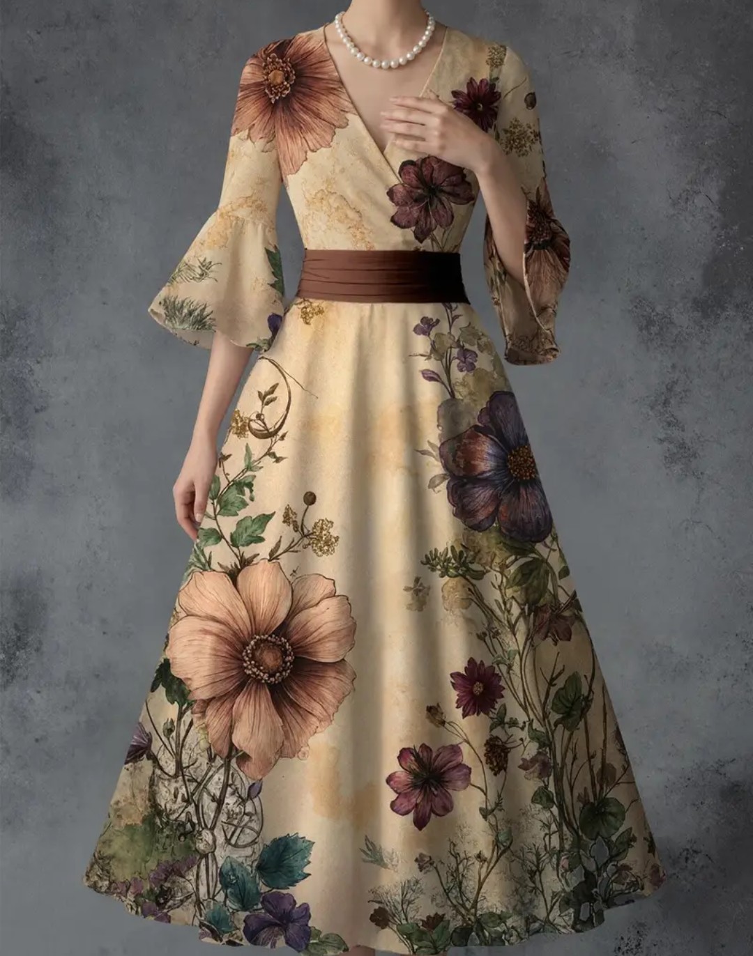 Women’S Retro Flower Printed V Neck Trumpet Sleeves Dress
