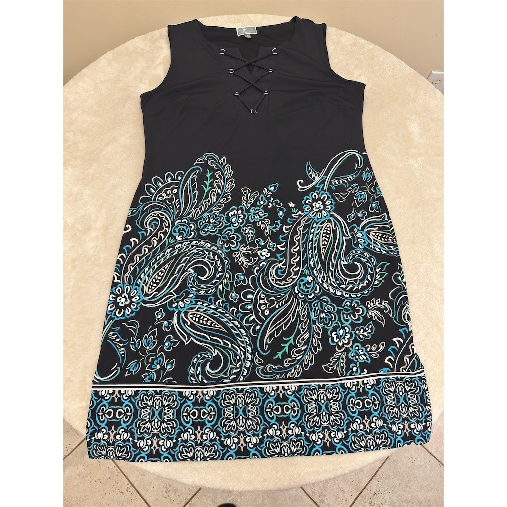 JM Collection Dress Womens Size L Black Blue Paisley Shift Knee Lace-Up