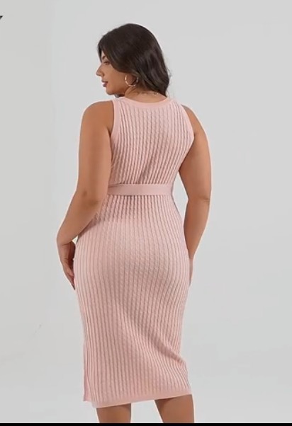 VFORCITY Maternity Apricot Cable Knit Midi Dress Sleeveless Belted Side Slit L