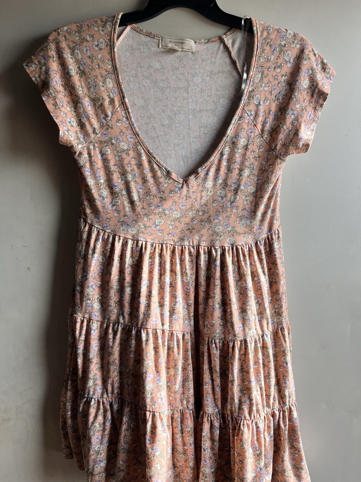 No Comment Peach Multicolor Floral Ruffle V-Neck Cap Sleeve Mini Dress M