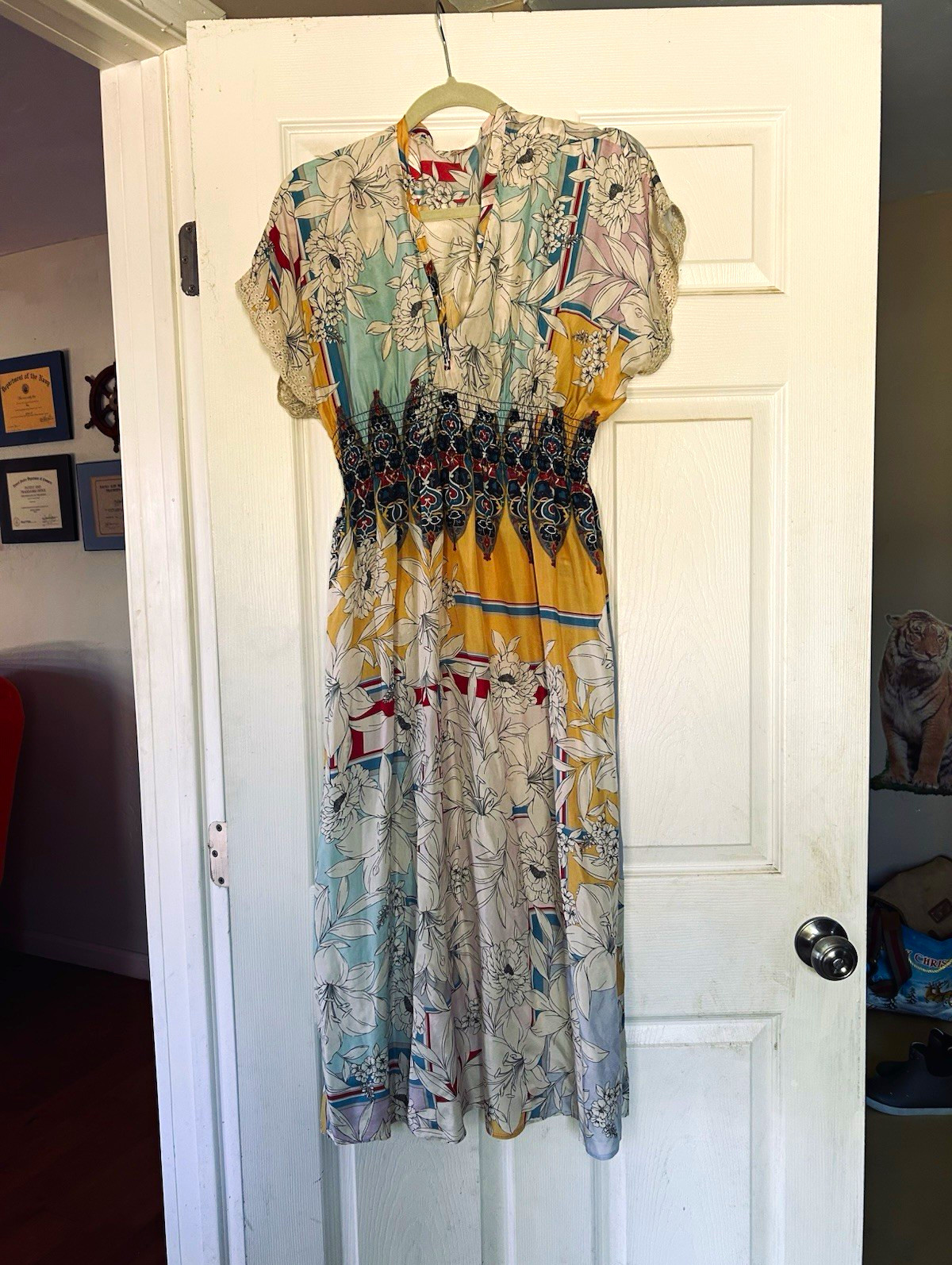 Johnny Was XS Silk Woven Floral Multicolor V-Neck Cap Sleeve Midi A-Line Dress