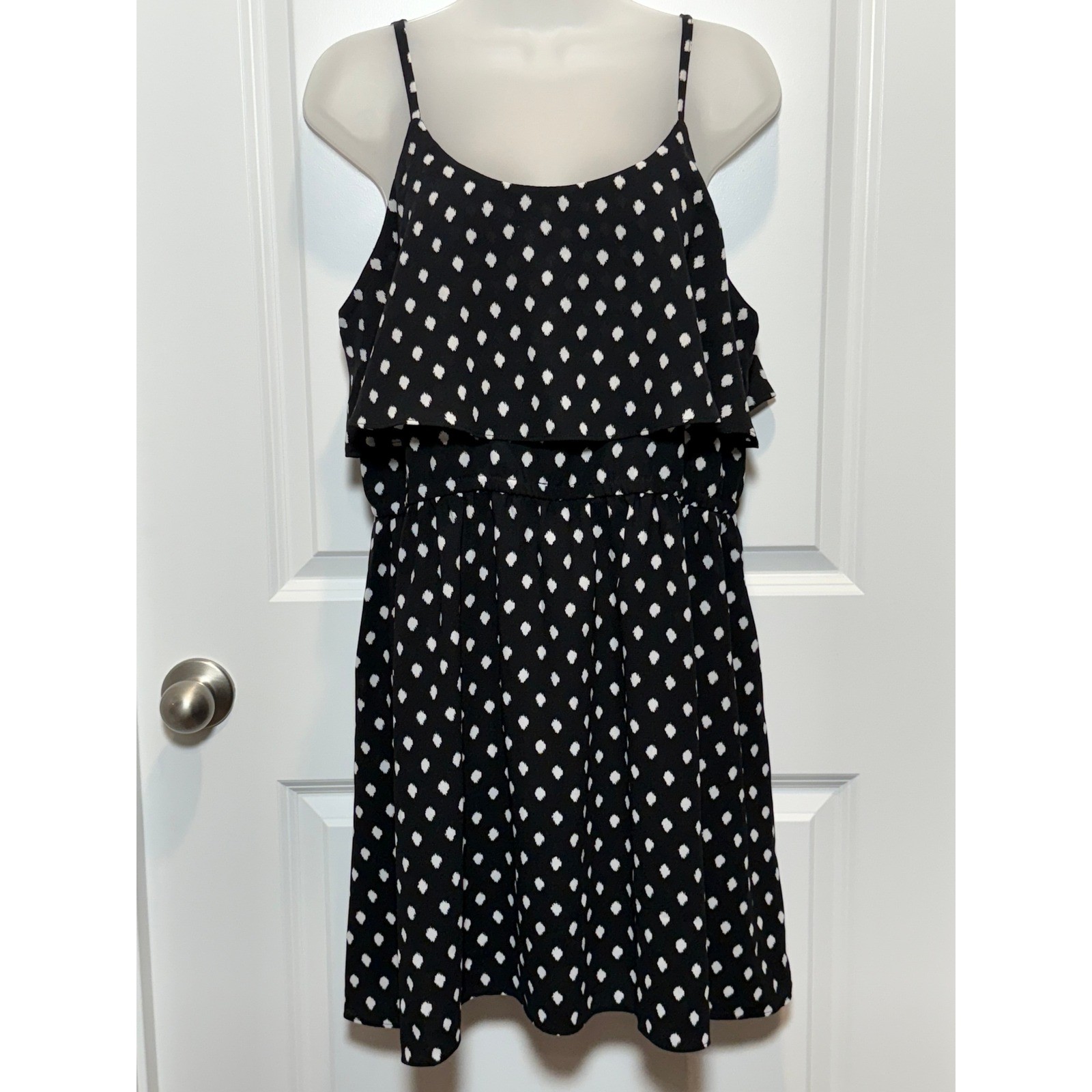 ELLE Women’s Black White Polka Dot Ruffle Tiered Spaghetti Strap Dress Large L