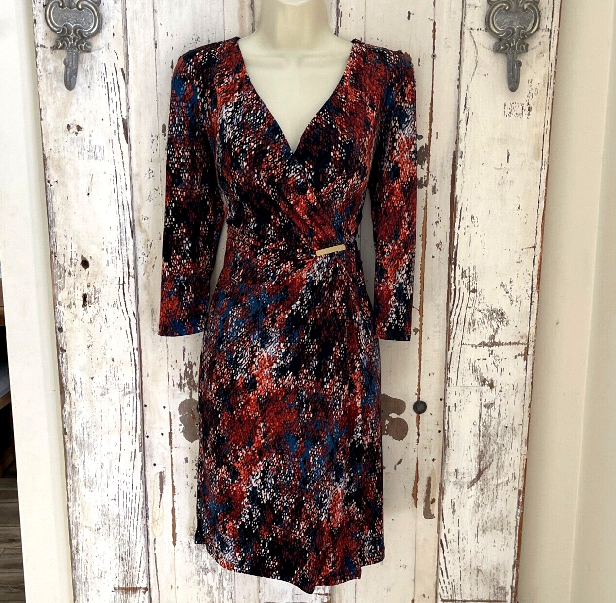 Roz & Ali Size 6 Womans Black Teal Blue Brown Polka Dot Wrap Classy Career Dress