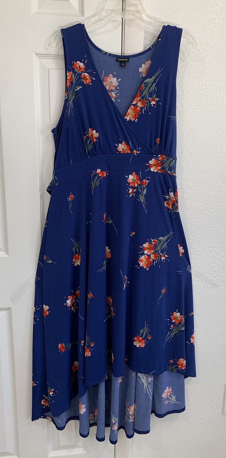 Torrid Hi-Low Dress Women’s Size 2X Blue Floral V-Neck Midi Studio Knit Stretch