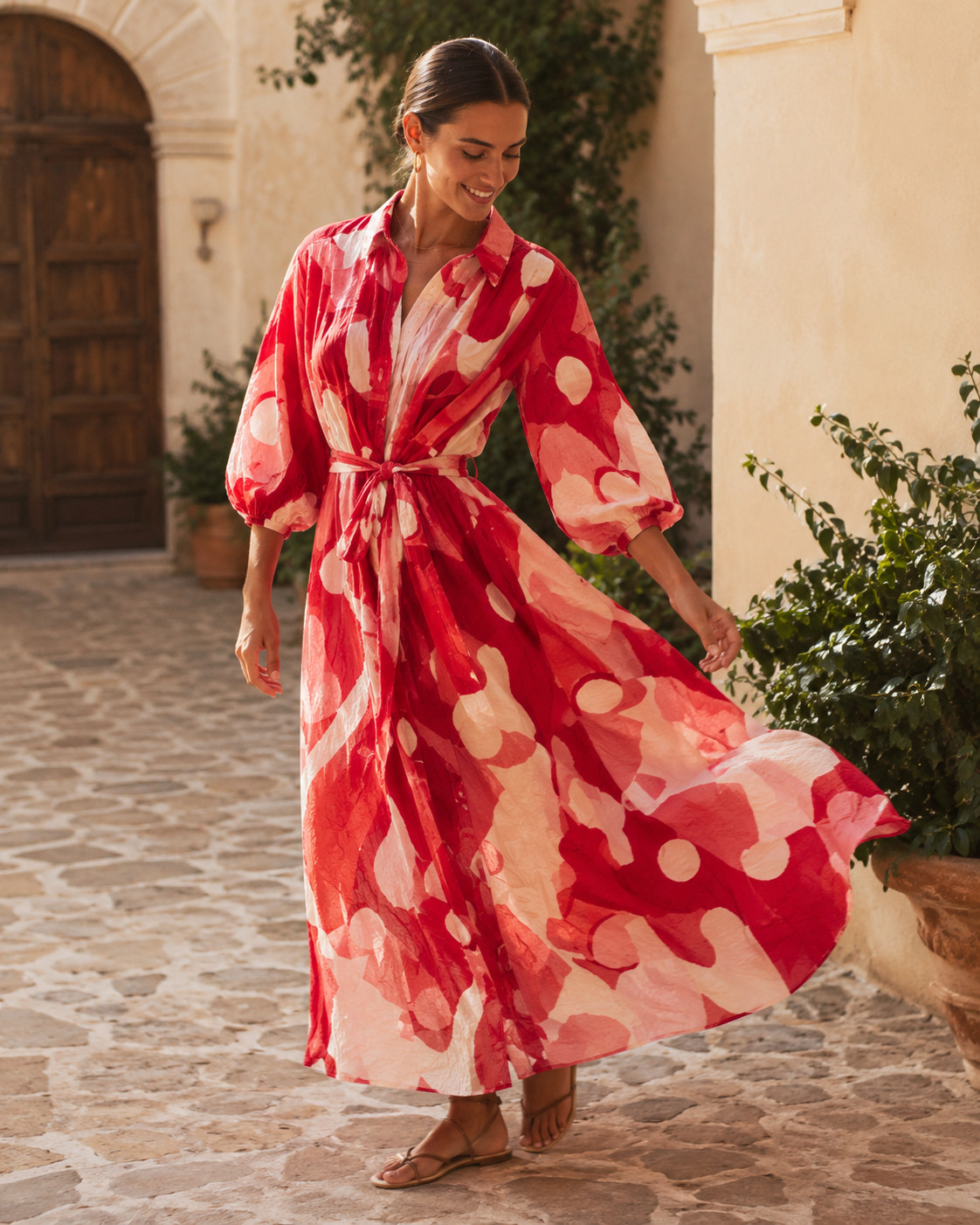 Anthropologie MAEVE Mona BELTED Linen Shirt MAXI Dress RED GRAPHIC PRINT S