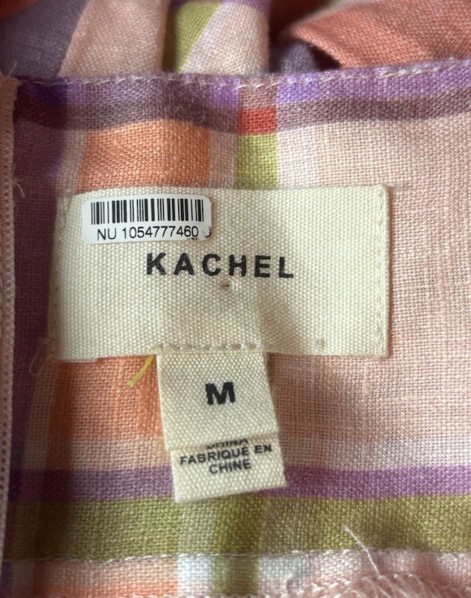 Anthropologie Kachel Tie Strap Linen Maxi Dress Pink Peach Purple Plaid Sz M