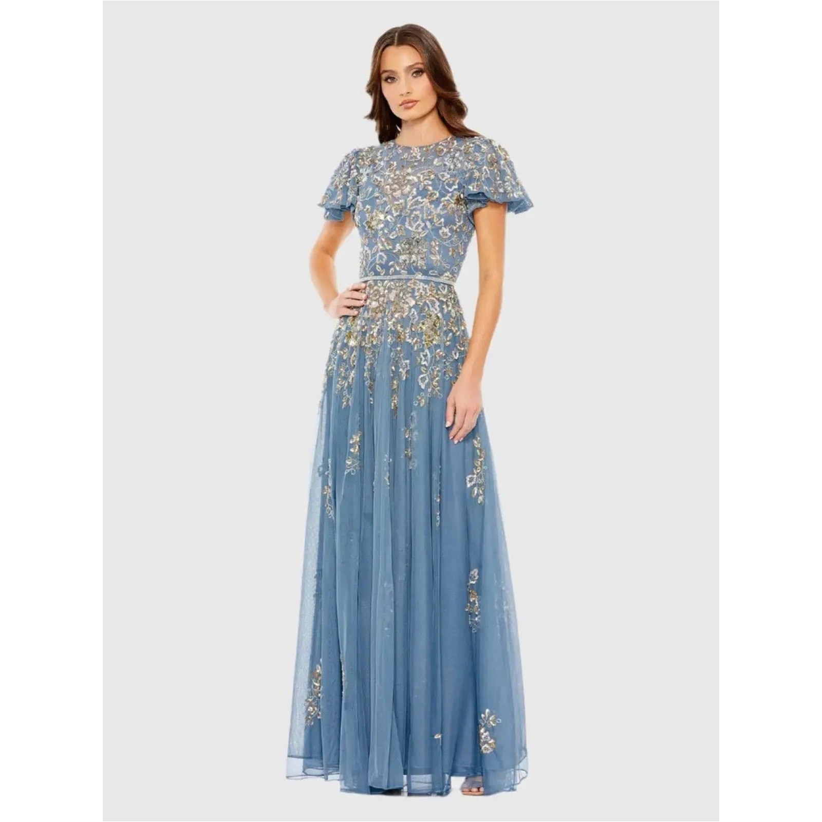 Mac Duggal 5717 Blue Embellished Butterfly Sleeve High Neck Gown Size 18 NWT