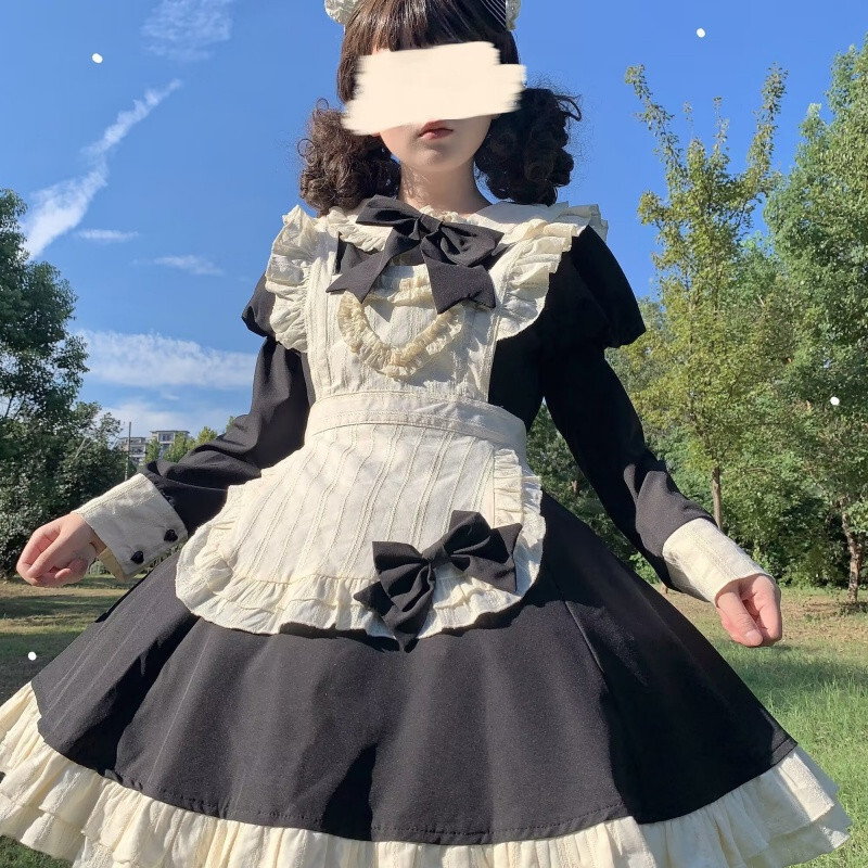 Autumn Winter Sweet Mori Girls A Line Skirts Long Sleeve Cute Maid Dress