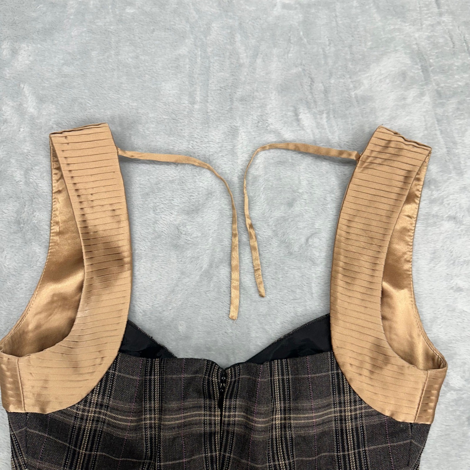 Y2K Bebe Plaid Halter Mini Dress Brown Tan Satin Trim Lace Ruffle Size 0