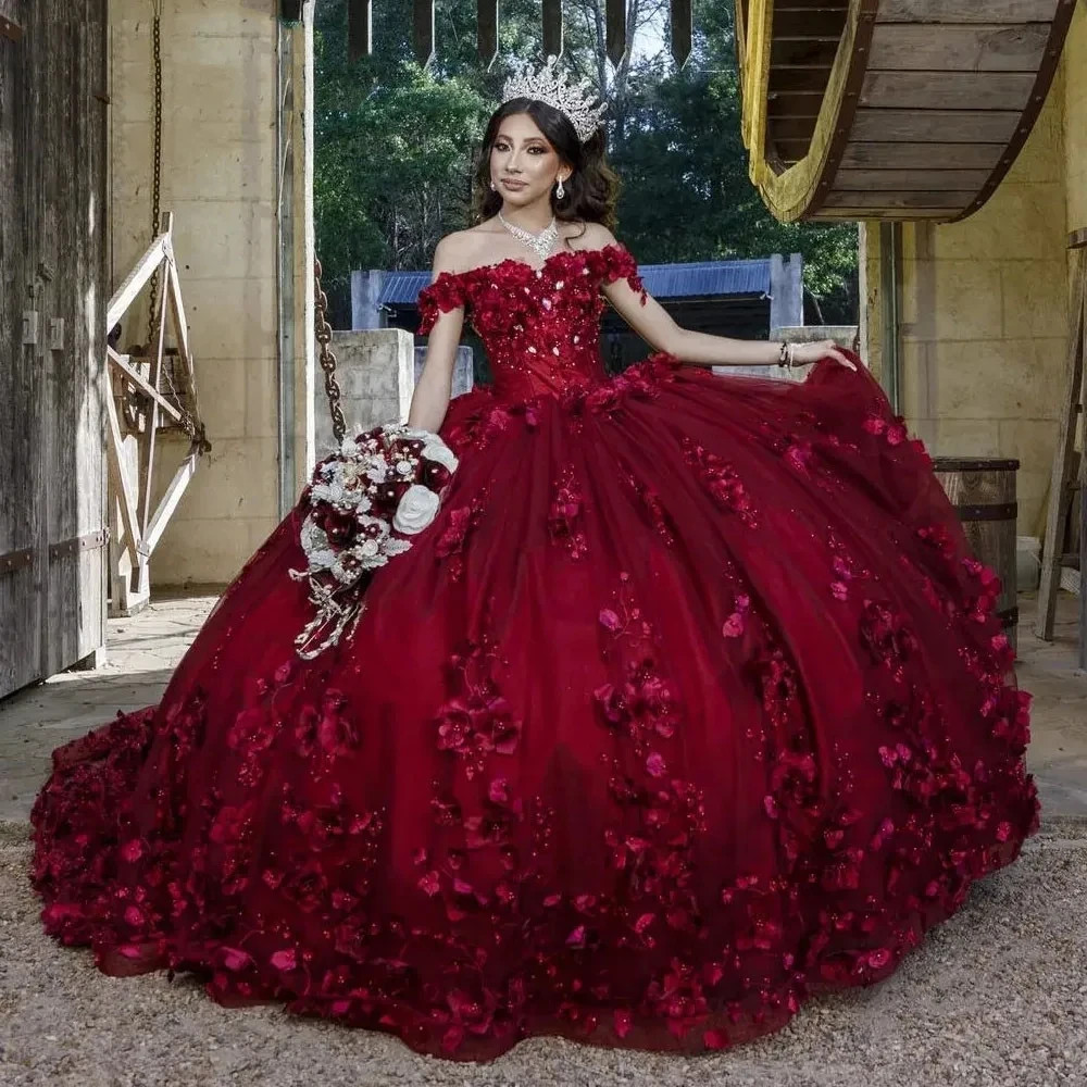 Burgundy Quinceanera Dresses Off The Shoulder Lace 3D Floral Ball Gowns Sweet 15