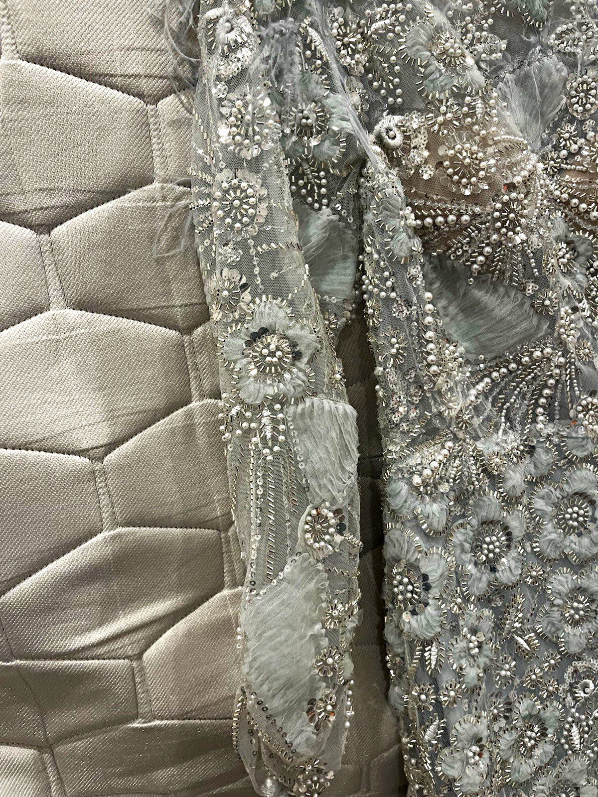 Terani Couture Silver Beaded Embroidered Mesh 3/4 Sleeve Long Gown Zip 10