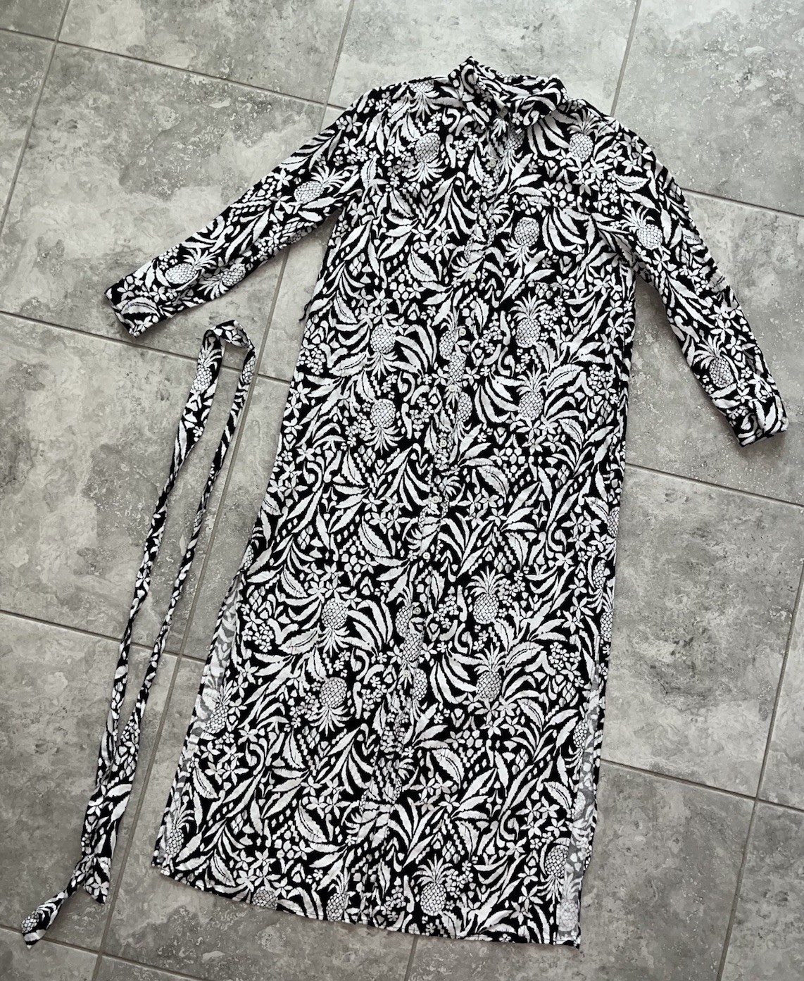 LOFT Linen Blend Long Sleeve Button Belted Tie Midi Maxi Shirt Dress Tropical 6