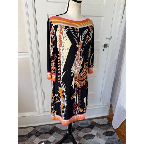 Ali Ro Boatneck Shift Dress Y2K Anthropologie 3/4 Sleeve Colorful Abstract Mod 8