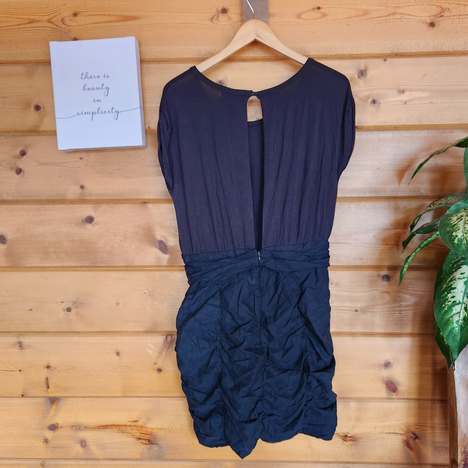 MM Couture by Miss Me Black Silk Blend Cut Out Back Ruched Blouson Stretch Sz L