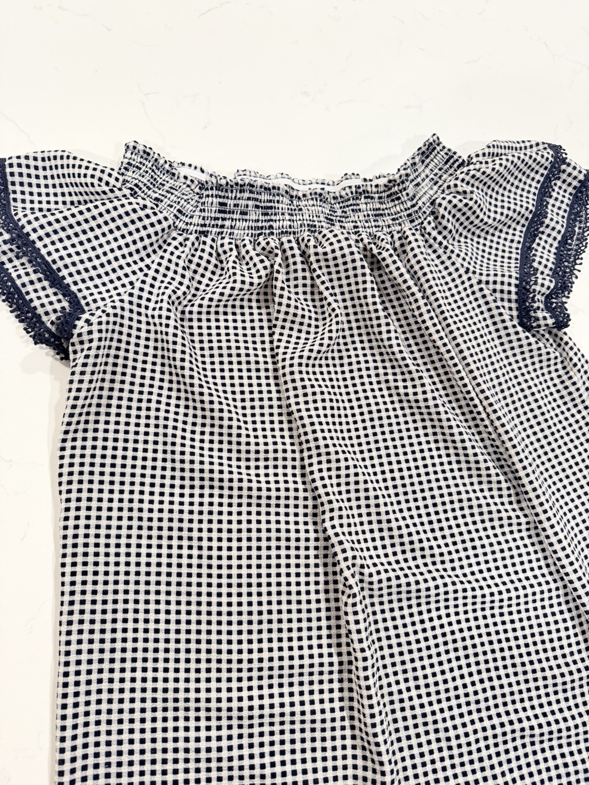 Off Shoulder Blue/White Check Smocked Lace Shift Dress Square Neck Cap Sleeve XL