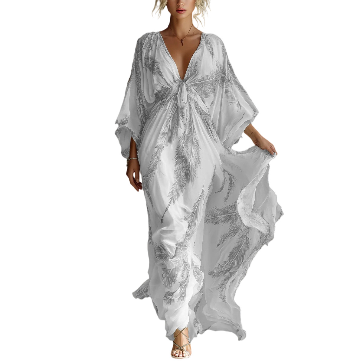 Boho Feather Printed Long Dress Ladies Deep V Kimono Sleeve Vacation Kaftan