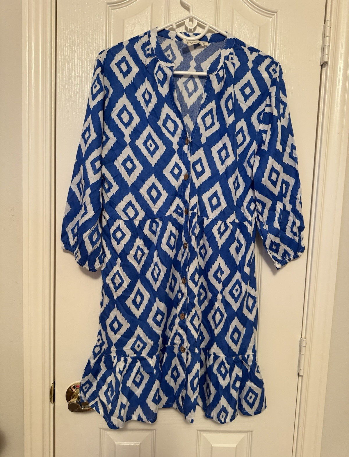 Salty Lemon Blue White Geometric Fit & Flare Balloon 3/4 Button Ruffle S