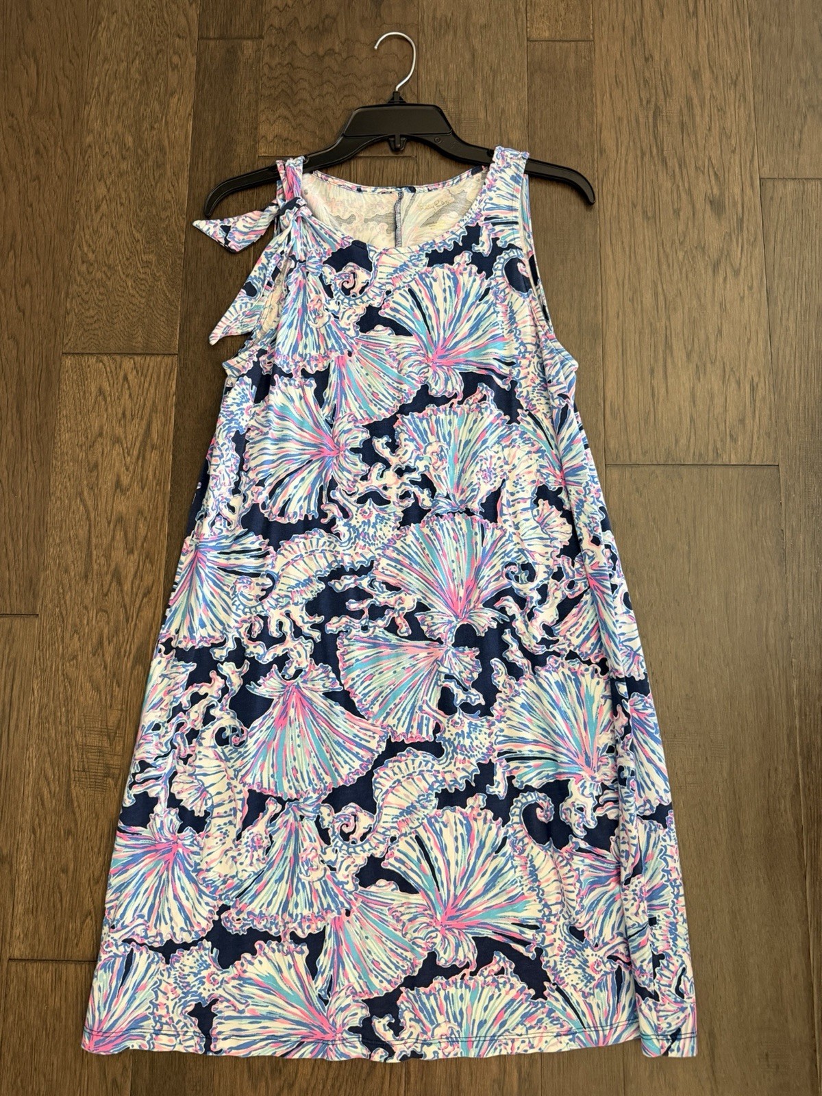 Lilly Pulitzer Luella Sz M Dress Bow Shoulder Deep Sea Shells Seahorse Blue