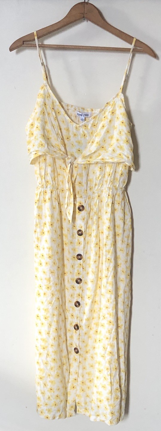 Mimi Chica XL Lightweight Yellow Floral Dress Straps Stretch Buttons Front Tie