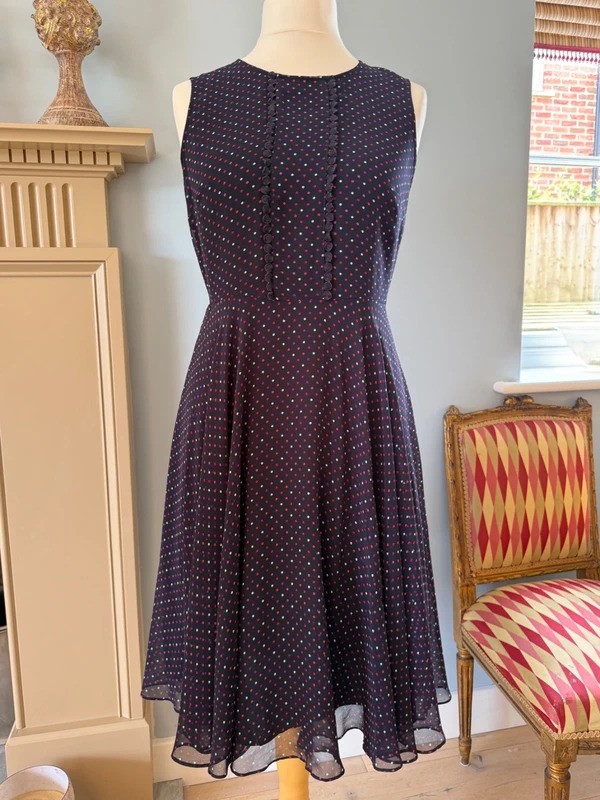 HOBBS Navy Polka Dot Floaty Dress UK12 red pink white spots Cocktail Wedding