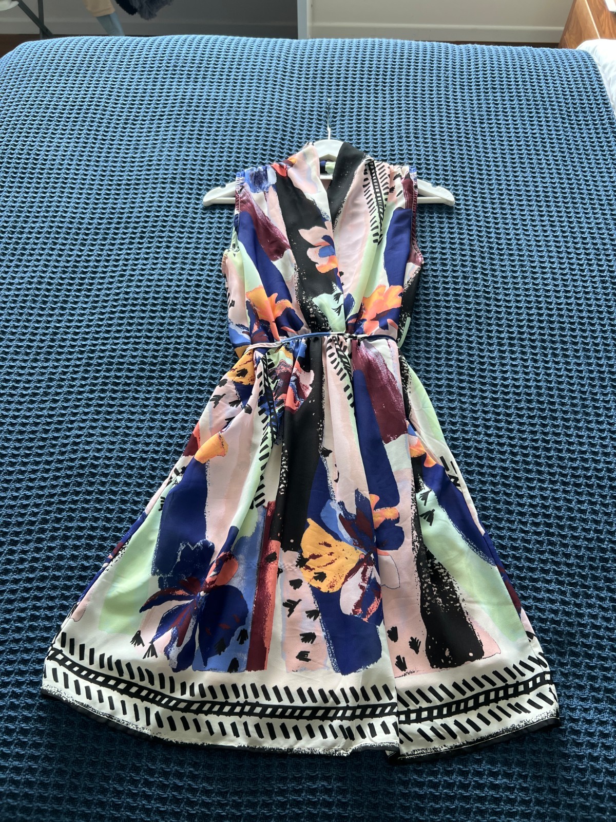 Bar III Women’s Large Sleeveless Floral Faux Wrap Dress Pink Blue Lined Pockets